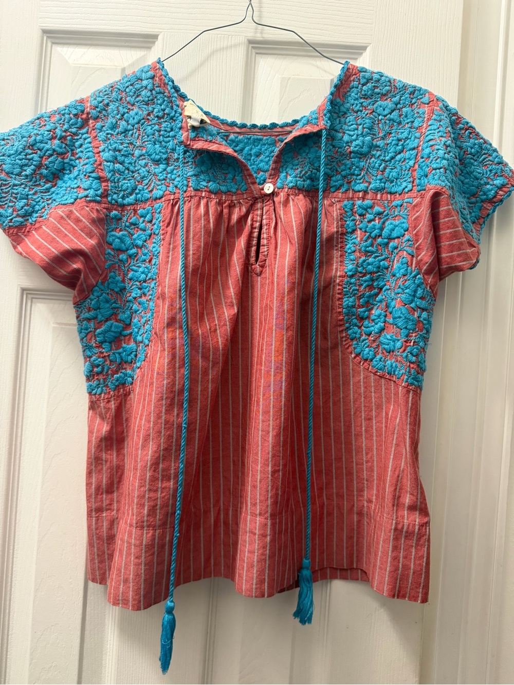 Womens' Turquoise Embroidered Coral Peasant Top - Picture 2 of 3